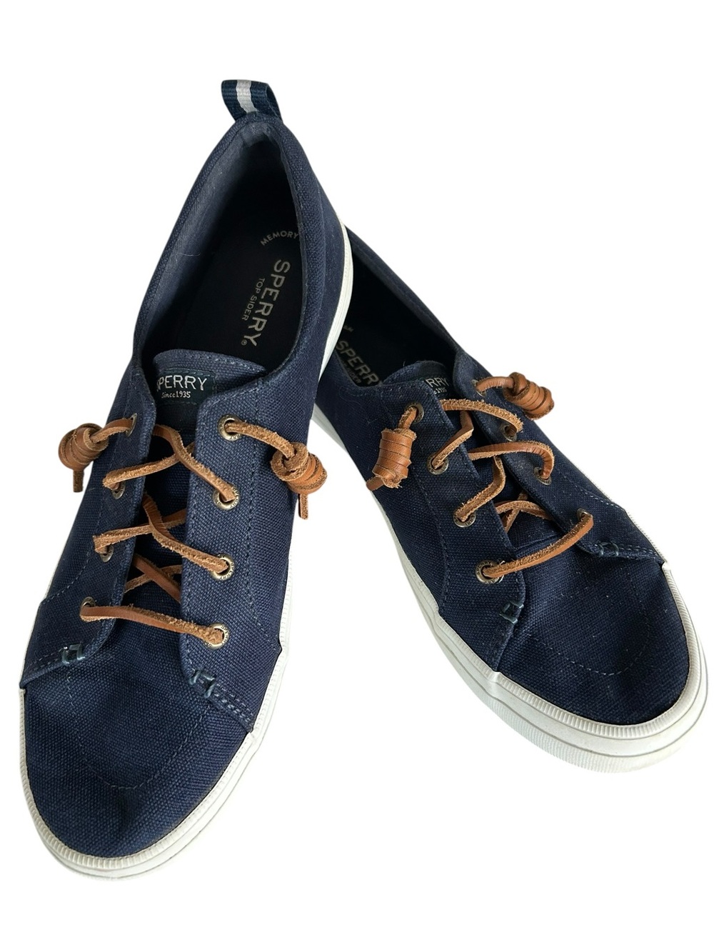 Sperry Crest Vibe Navy Canvas Boat Shoes Brown Leather Laces Womens Size 11